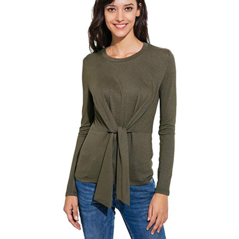 Green tie front blouse